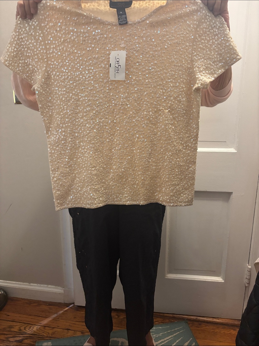 Cream Sequined T-Shirt Style Top Woolen Cashmere